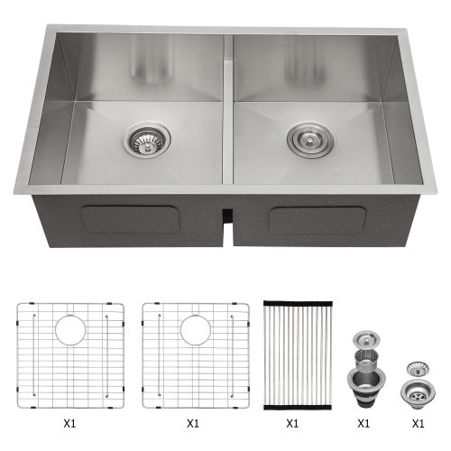 Double Bowl(50/50) Undermount Sink- 36" x 19" x 10" Double Bowl Kitchen Sink 16 Gauge with Two 10" Deep Basin