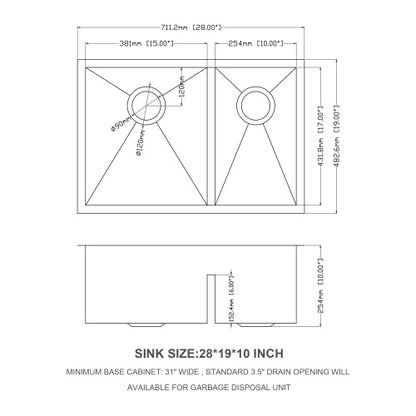 Double Bowl(60/40) Undermount Sink- 28"x19"x10" Double Bowl Kitchen Sink 16 Gauge with Two 10" Deep Basin