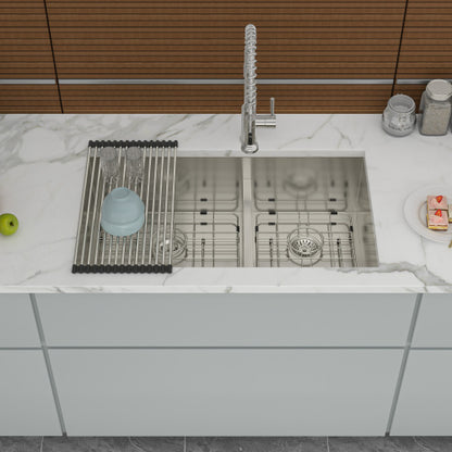Double Bowl(60/40) Undermount Sink- 28"x19"x10" Double Bowl Kitchen Sink 16 Gauge with Two 10" Deep Basin