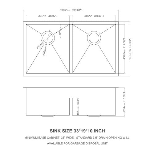Double Bowl(50/50) Undermount Sink- 33"x19"x10" Double Bowl Kitchen Sink 16 Gauge with Two 10" Deep Basin