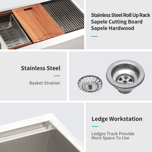 Double Bowl(50/50) Farmhouse Sink Workstation - 33 Inch Kitchen Sink Stainless Steel 16 gauge Apron Front Kitchen Sink