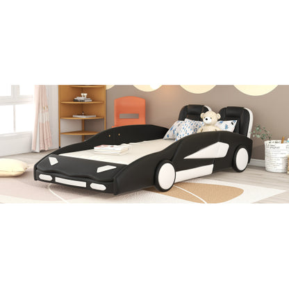 Twin Size Race Car-Shaped Platform Bed with Wheels, Black