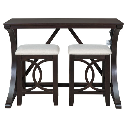 3-Piece Espresso Farmhouse Set with USB & Type-C, Table & 2 Stools