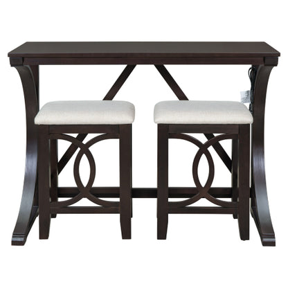 3-Piece Espresso Farmhouse Set with USB & Type-C, Table & 2 Stools