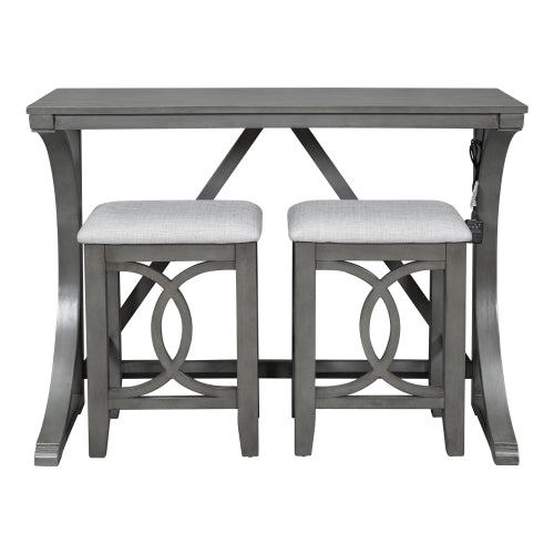 3-Piece Gray Farmhouse Set with USB & Type-C, Table & 2 Stools