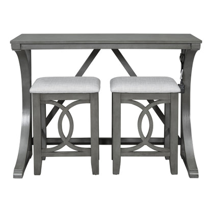 3-Piece Gray Farmhouse Set with USB & Type-C, Table & 2 Stools