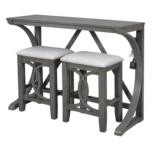 3-Piece Gray Farmhouse Set with USB & Type-C, Table & 2 Stools