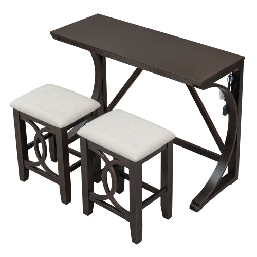 3-Piece Espresso Farmhouse Set with USB & Type-C, Table & 2 Stools