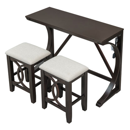 3-Piece Espresso Farmhouse Set with USB & Type-C, Table & 2 Stools