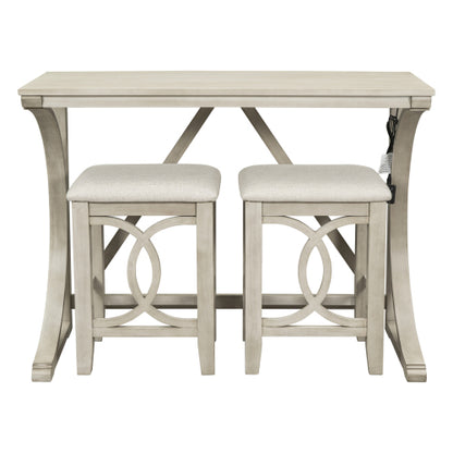 Farmhouse Counter Height Dining Set with USB & Type-C Charging Port, 3-Piece Table and Upholstered Stools, Cream White