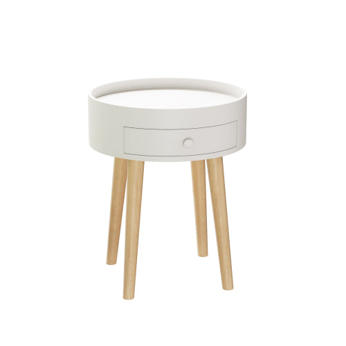 White Nightstand with Drawer & Oak Legs