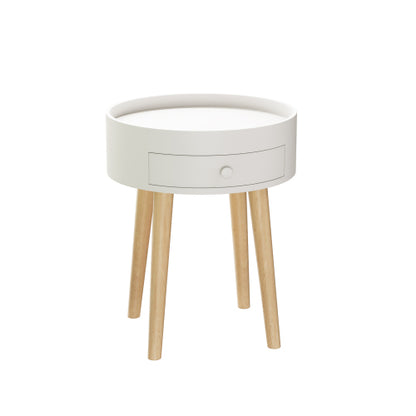 White Nightstand with Drawer & Oak Legs