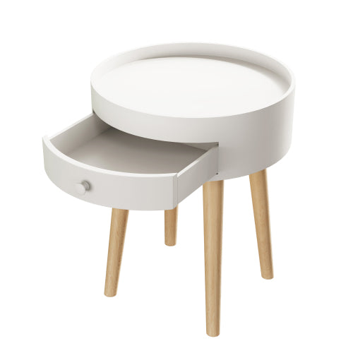 White Nightstand with Drawer & Oak Legs