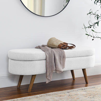 Oval Storage Bench,Rubber Wood Legs,White(43.5inch x16inch x16inch )
