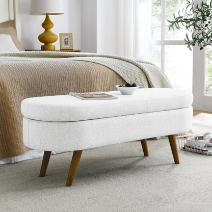 Oval Storage Bench,Rubber Wood Legs,White(43.5inch x16inch x16inch )