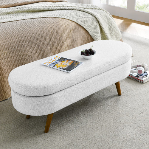 Oval Storage Bench,Rubber Wood Legs,White(43.5inch x16inch x16inch )