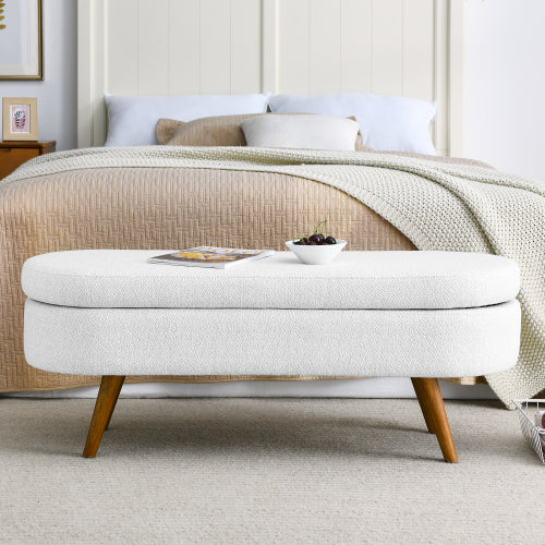 Oval Storage Bench,Rubber Wood Legs,White(43.5inch x16inch x16inch )