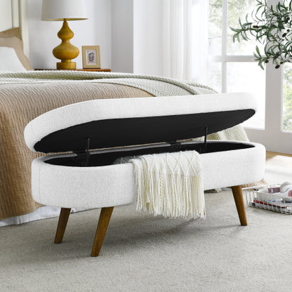 Oval Storage Bench,Rubber Wood Legs,White(43.5inch x16inch x16inch )