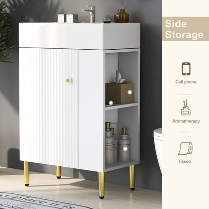 21.6" White Bathroom vanity, Combo Cabinet, Bathroom Storage Cabinet, Single Ceramic Sink, Right Side Storage