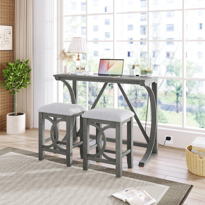 3-Piece Gray Farmhouse Set with USB & Type-C, Table & 2 Stools
