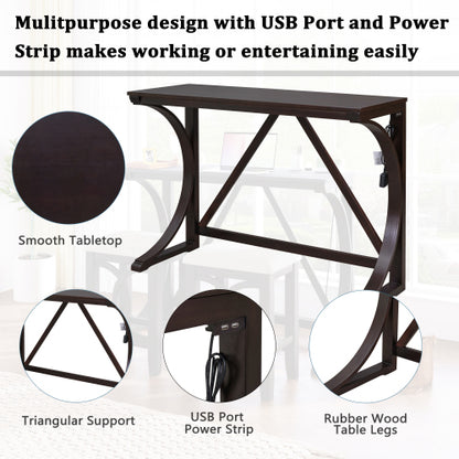 3-Piece Espresso Farmhouse Set with USB & Type-C, Table & 2 Stools