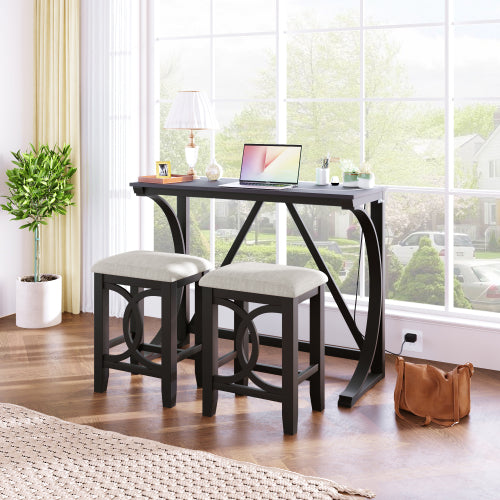 3-Piece Espresso Farmhouse Set with USB & Type-C, Table & 2 Stools