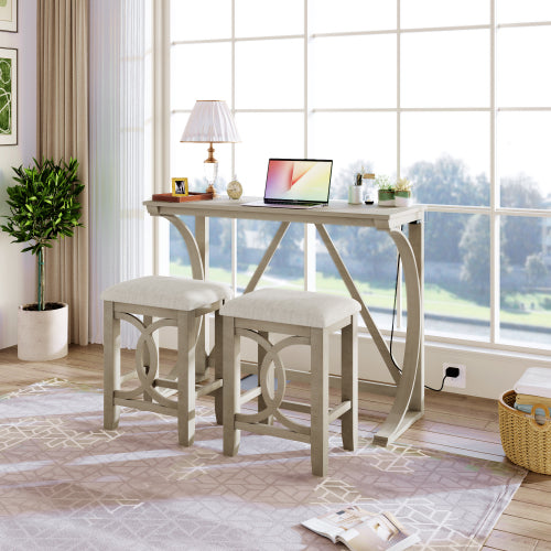 Farmhouse Counter Height Dining Set with USB & Type-C Charging Port, 3-Piece Table and Upholstered Stools, Cream White