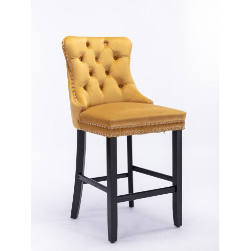 Set of 2 Golden Velvet Barstools, Button Tufted, Solid Wood Legs, Chrome Nailhead
