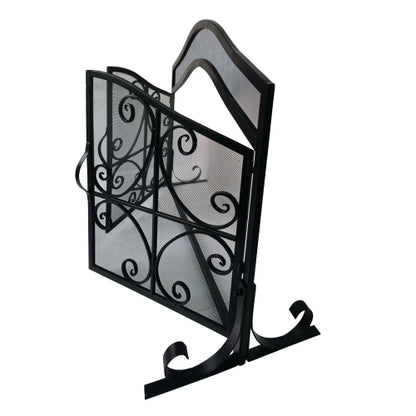 43 Inches 2 Door Iron Fireplace Screen, Mesh Design, Scrollwork, Black