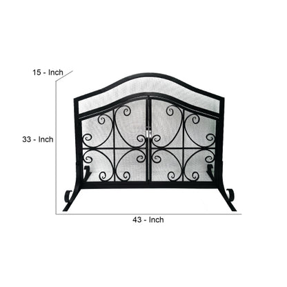 43 Inches 2 Door Iron Fireplace Screen, Mesh Design, Scrollwork, Black
