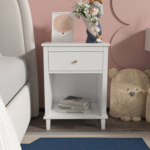 26.77''H Wooden Nightstand with One Drawer One Shelf for Kids, Adults, White+Golden handle
