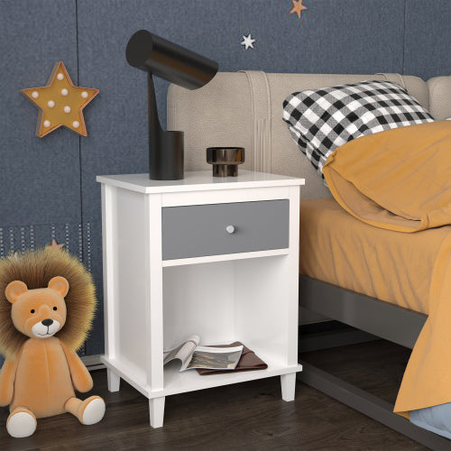 26.77''H Wooden Nightstand with One Drawer One Shelf for Kids, Adults,Gray+Silver handle