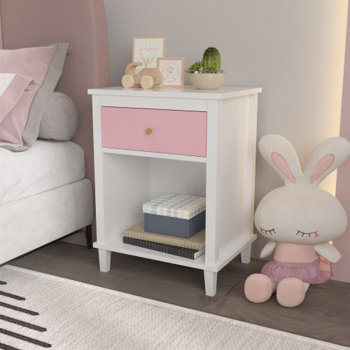 26.77''H Wooden Nightstand with One Drawer One Shelf for Kids, Adults, Pink+Golden handle