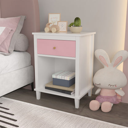26.77''H Wooden Nightstand with One Drawer One Shelf for Kids, Adults, Pink+Golden handle