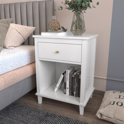 26.77''H Wooden Nightstand with One Drawer One Shelf for Kids, Adults, White+Golden handle