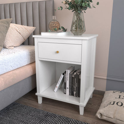 26.77''H Wooden Nightstand with One Drawer One Shelf for Kids, Adults, White+Golden handle