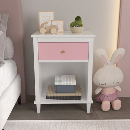 26.77''H Wooden Nightstand with One Drawer One Shelf for Kids, Adults, Pink+Golden handle