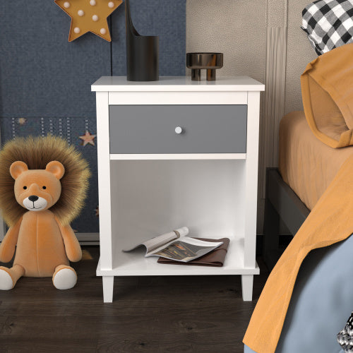 26.77''H Wooden Nightstand with One Drawer One Shelf for Kids, Adults,Gray+Silver handle