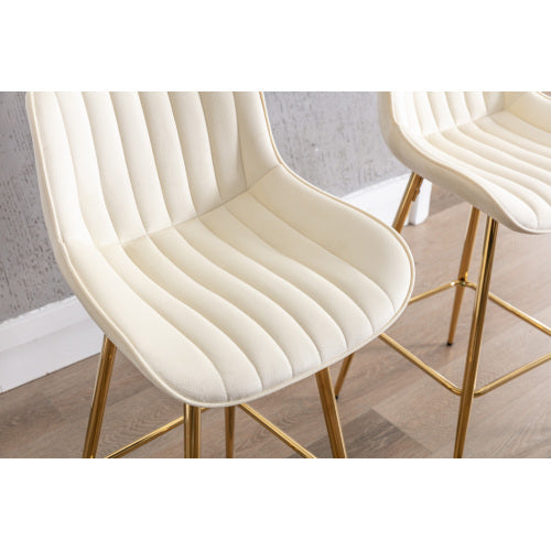 30 inch Set of 2 Bar Stools,with Chrome Footrest Velvet Fabric Counter Stool Golden Leg Simple High Bar Stool,CREAM