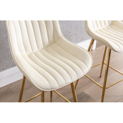30 inch Set of 2 Bar Stools,with Chrome Footrest Velvet Fabric Counter Stool Golden Leg Simple High Bar Stool,CREAM