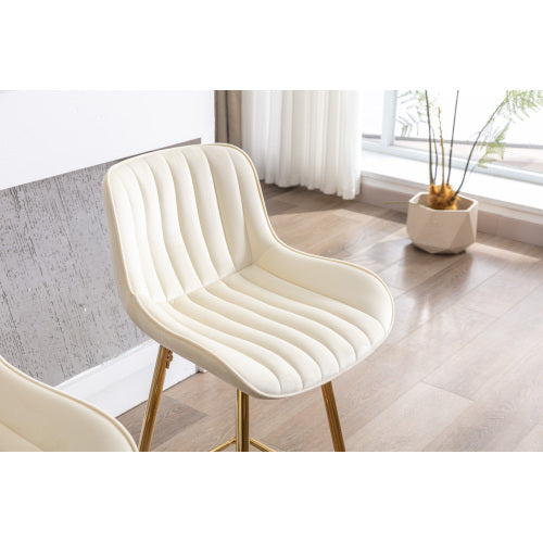 30 inch Set of 2 Bar Stools,with Chrome Footrest Velvet Fabric Counter Stool Golden Leg Simple High Bar Stool,CREAM