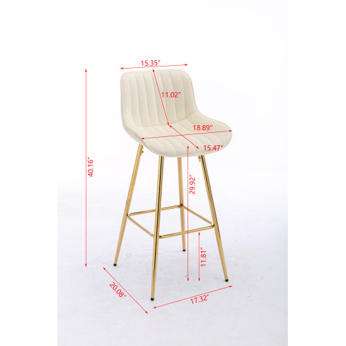 30 inch Set of 2 Bar Stools,with Chrome Footrest Velvet Fabric Counter Stool Golden Leg Simple High Bar Stool,CREAM