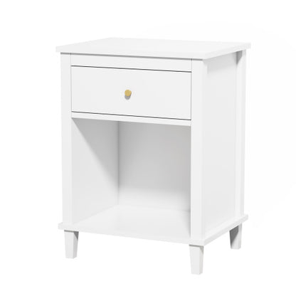 26.77''H Wooden Nightstand with One Drawer One Shelf for Kids, Adults, White+Golden handle