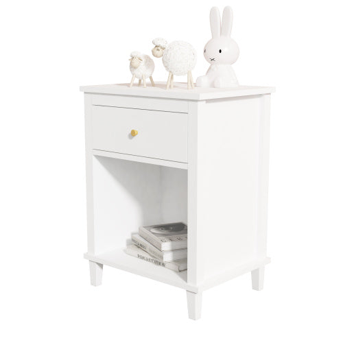 26.77''H Wooden Nightstand with One Drawer One Shelf for Kids, Adults, White+Golden handle
