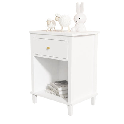 26.77''H Wooden Nightstand with One Drawer One Shelf for Kids, Adults, White+Golden handle