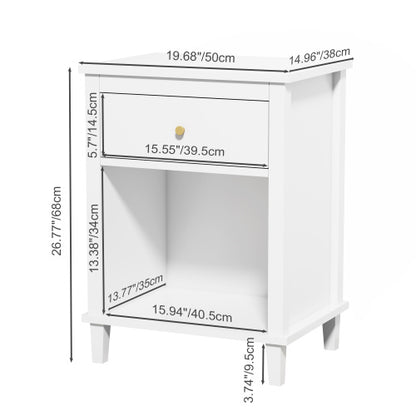 26.77''H Wooden Nightstand with One Drawer One Shelf for Kids, Adults, White+Golden handle