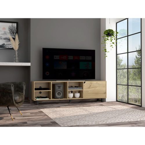 Light Oak 70.8 Inch 5-Shelf Open TV Stand with Cable Holes for 70 Inch TV