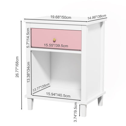 26.77''H Wooden Nightstand with One Drawer One Shelf for Kids, Adults, Pink+Golden handle
