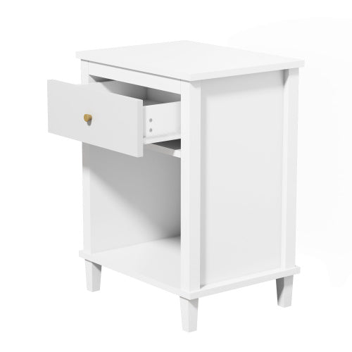 26.77''H Wooden Nightstand with One Drawer One Shelf for Kids, Adults, White+Golden handle