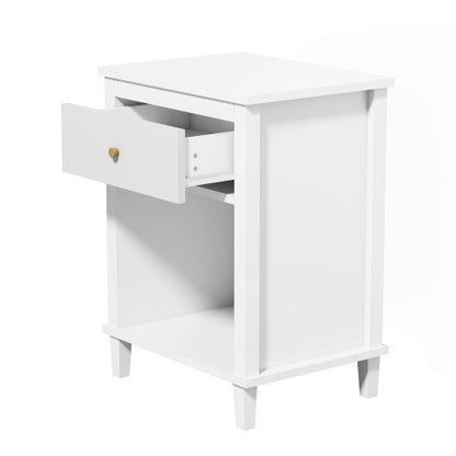 26.77''H Wooden Nightstand with One Drawer One Shelf for Kids, Adults, White+Golden handle